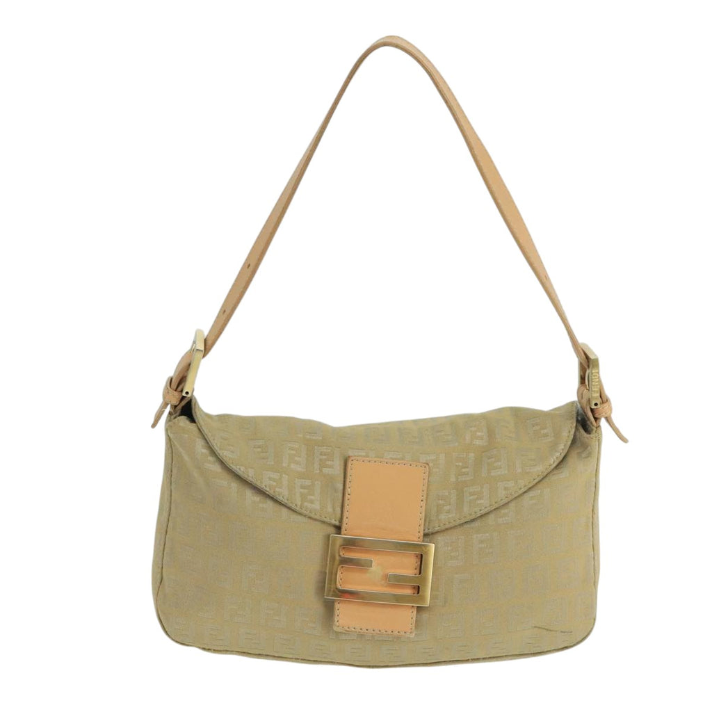 FENDI Zucchino Canvas Mamma Baguette Shoulder Bag Beige Silver 106527