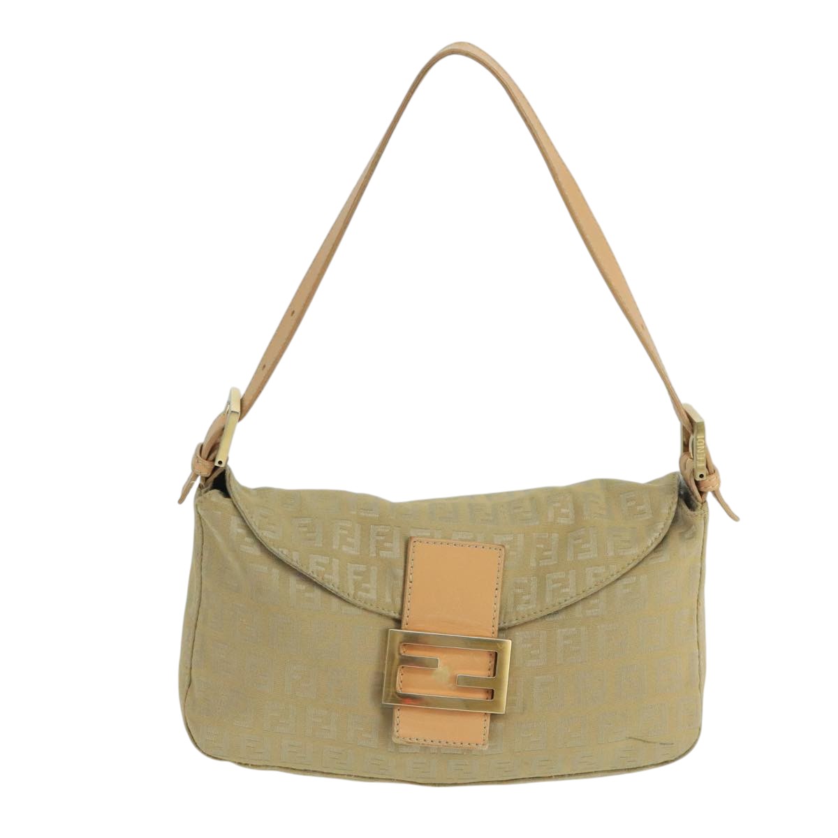 FENDI Zucchino Canvas Mamma Baguette Shoulder Bag Beige Silver 106527