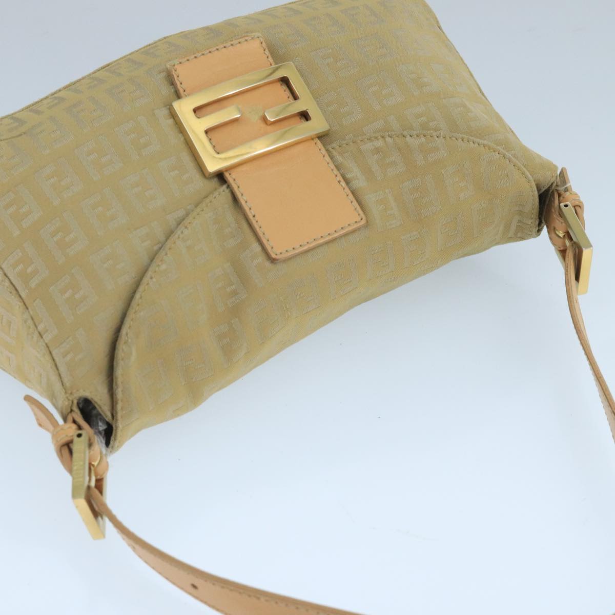 FENDI Zucchino Canvas Mamma Baguette Shoulder Bag Beige Silver 106527