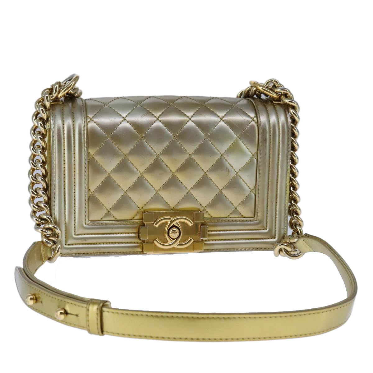 CHANEL Matelasse Chain Boy Chanel Shoulder Bag Patent Gold CC 106721A