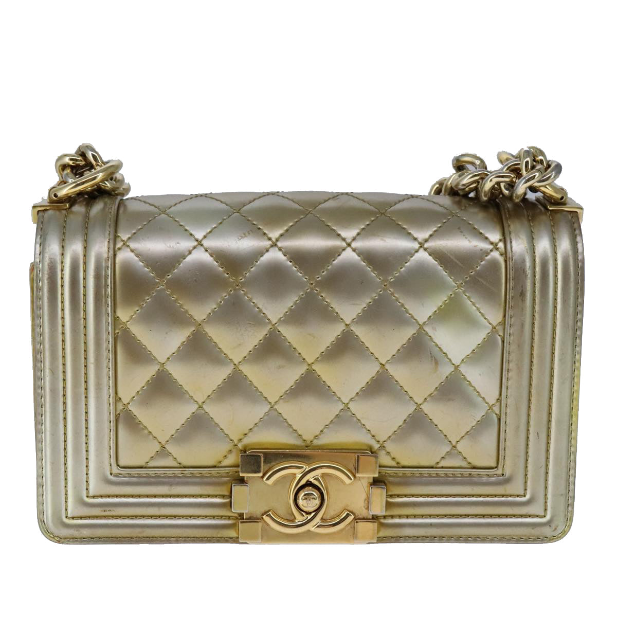 CHANEL Matelasse Chain Boy Chanel Shoulder Bag Patent Gold CC 106721A