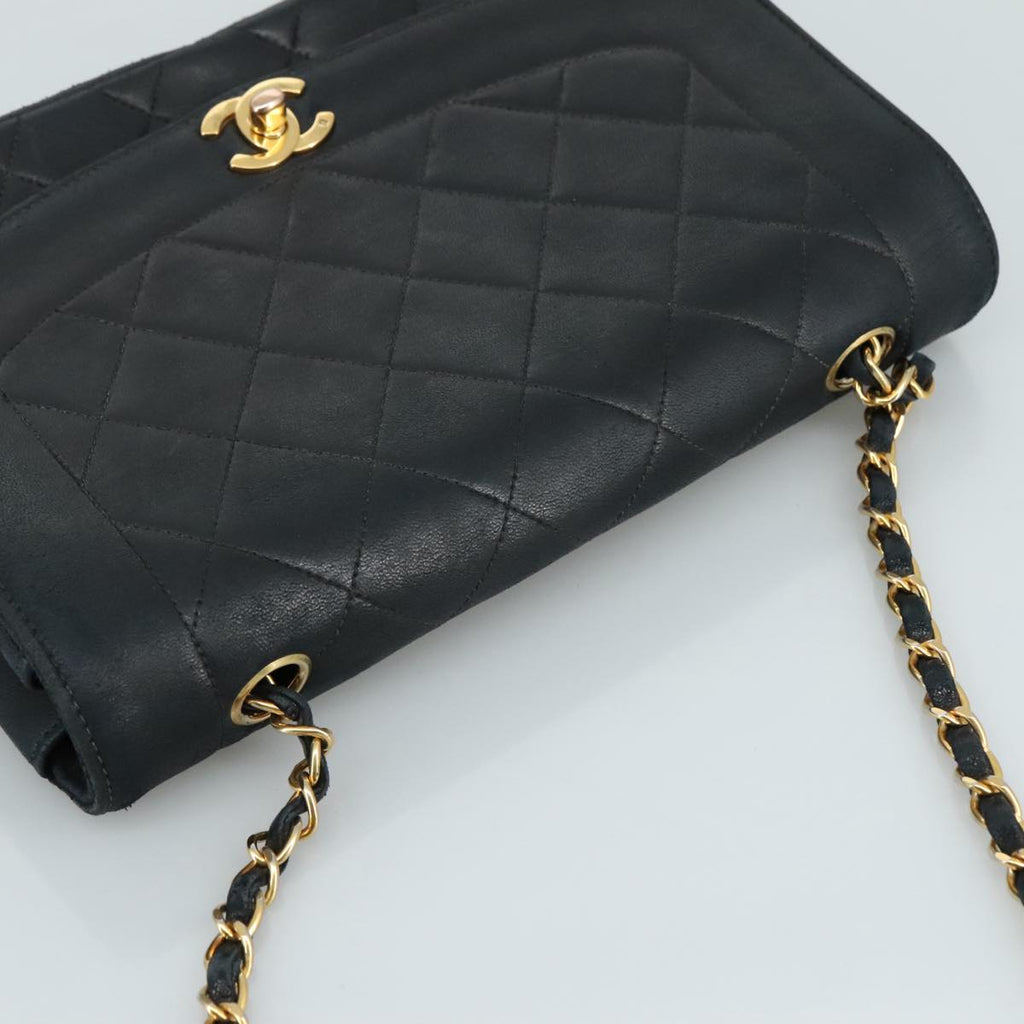 CHANEL Matelasse Chain Diana Shoulder Bag Lamb Skin Black Gold CC 106722