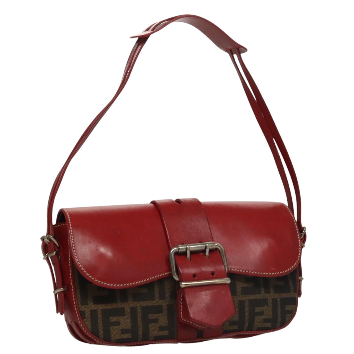FENDI Zucca Canvas Shoulder Bag Brown Red 107607