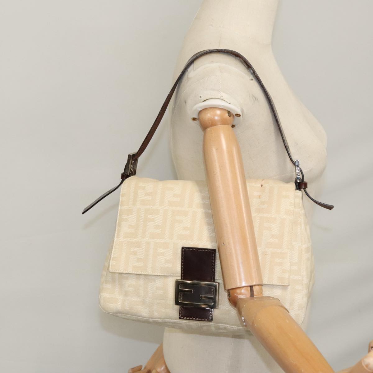 FENDI Zucca Canvas Mamma Baguette Shoulder Bag Beige 107611