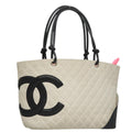 CHANEL Cambon Line Matelasse Tote Bag Lamb Skin White CC 107639