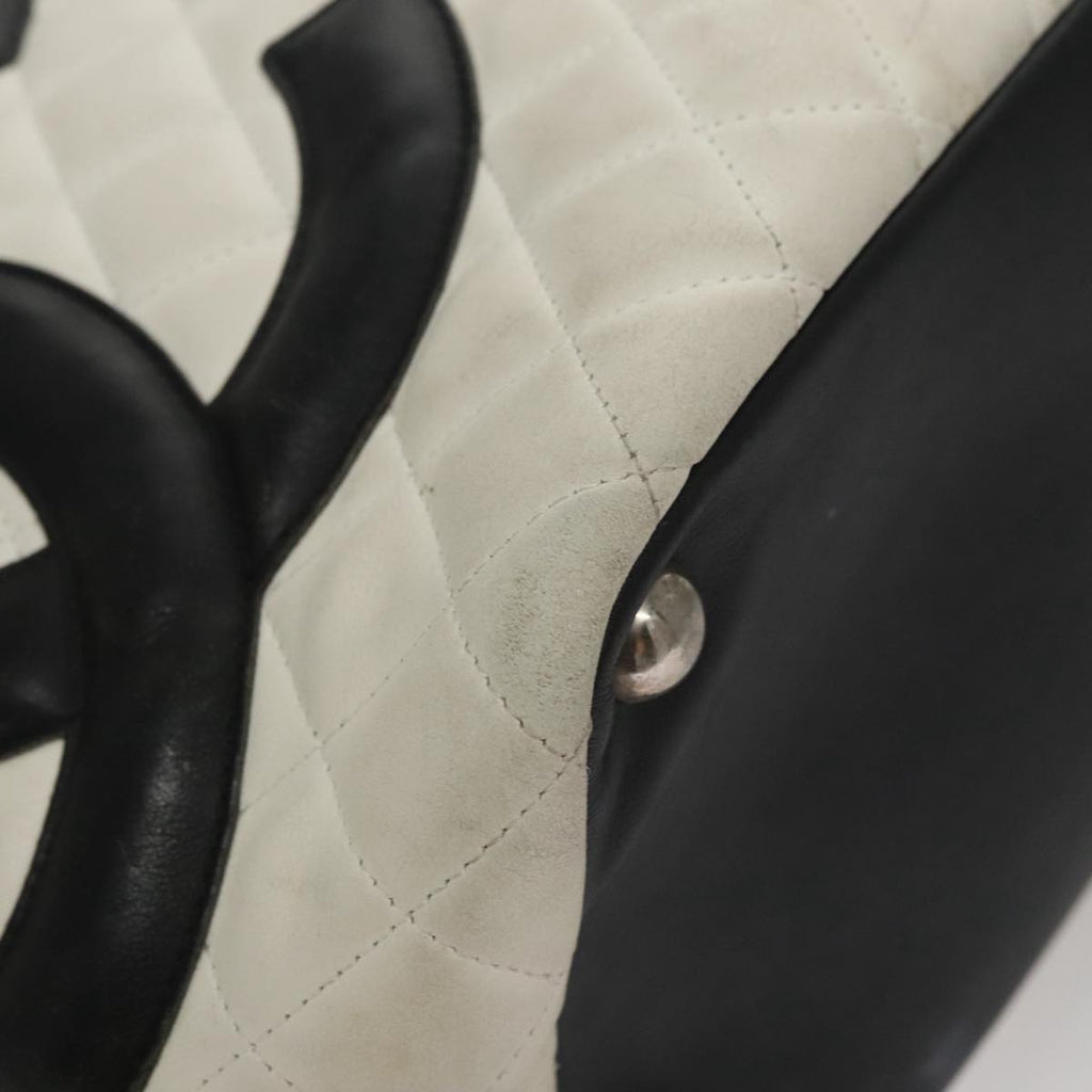 CHANEL Cambon Line Matelasse Tote Bag Lamb Skin White CC 107639