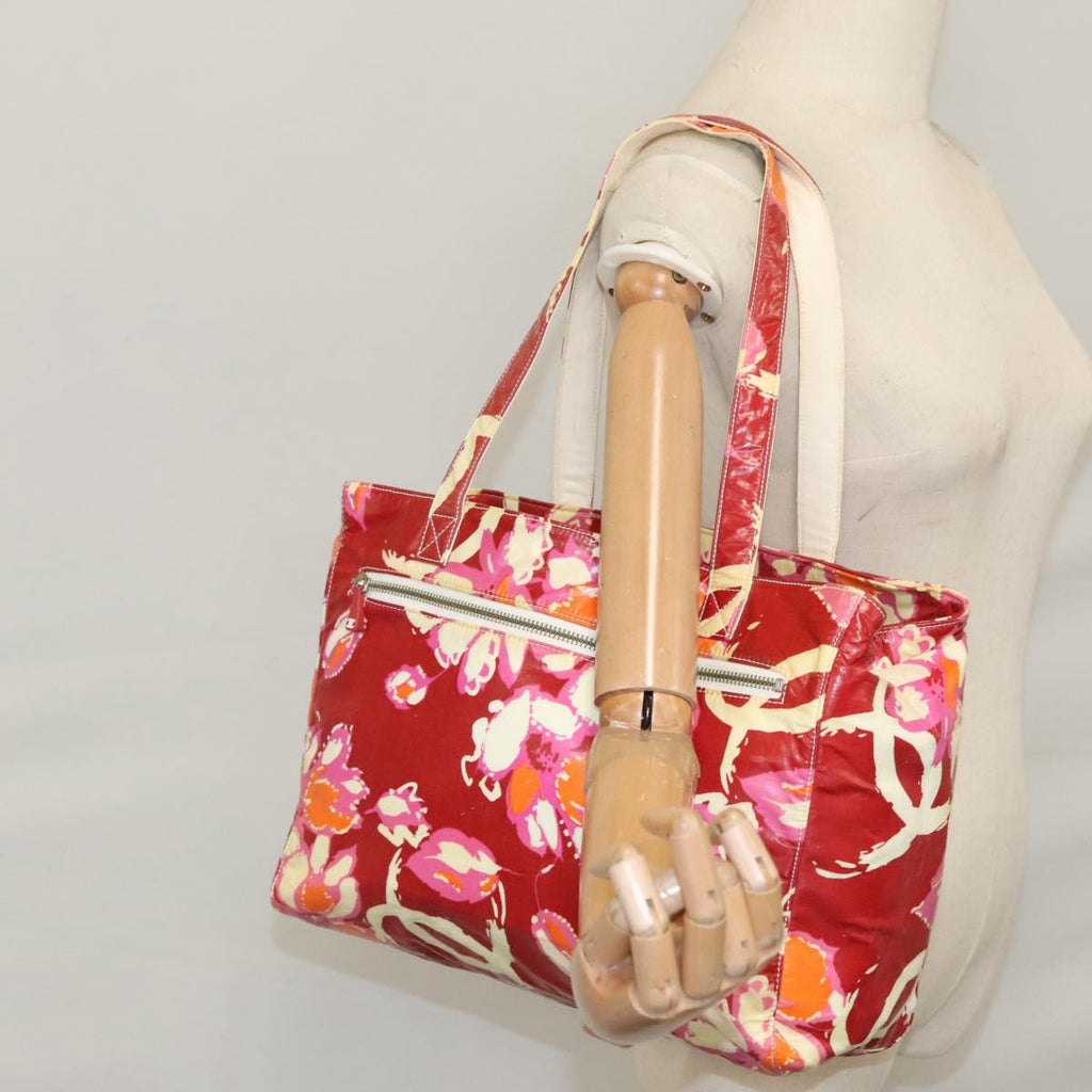 CHANEL Flower Tote Bag Vinyl Coating Red CC 107942