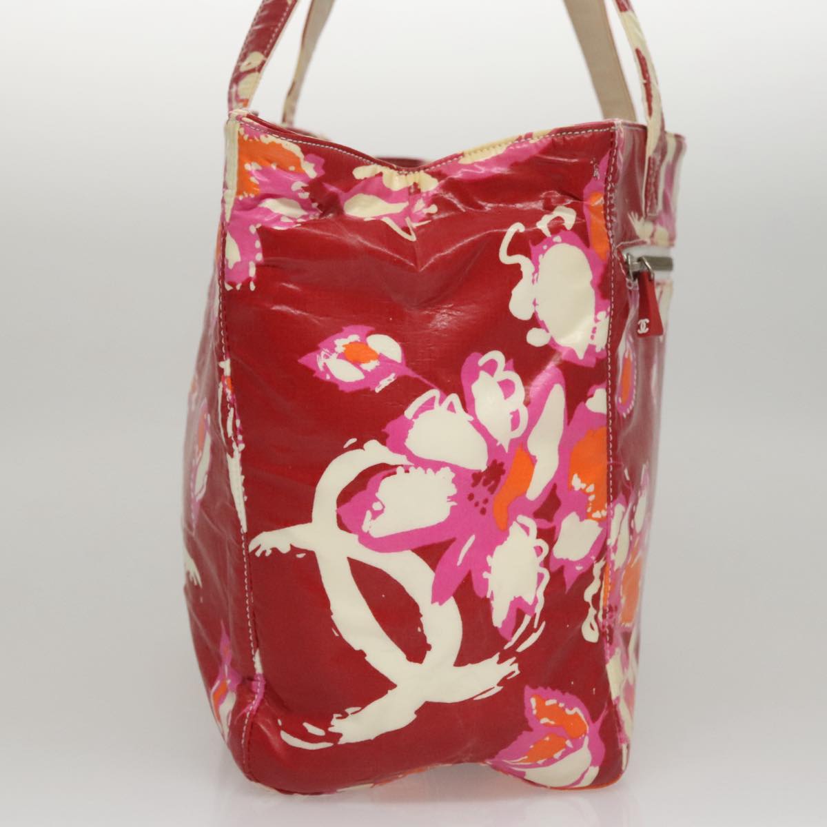 CHANEL Flower Tote Bag Vinyl Coating Red CC 107942