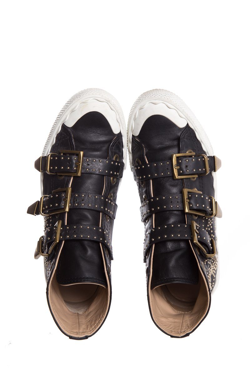 ChloÃƒÆ’Ã‚Â© Black Leather Studded Buckle High-Top Sneakers SZ 37