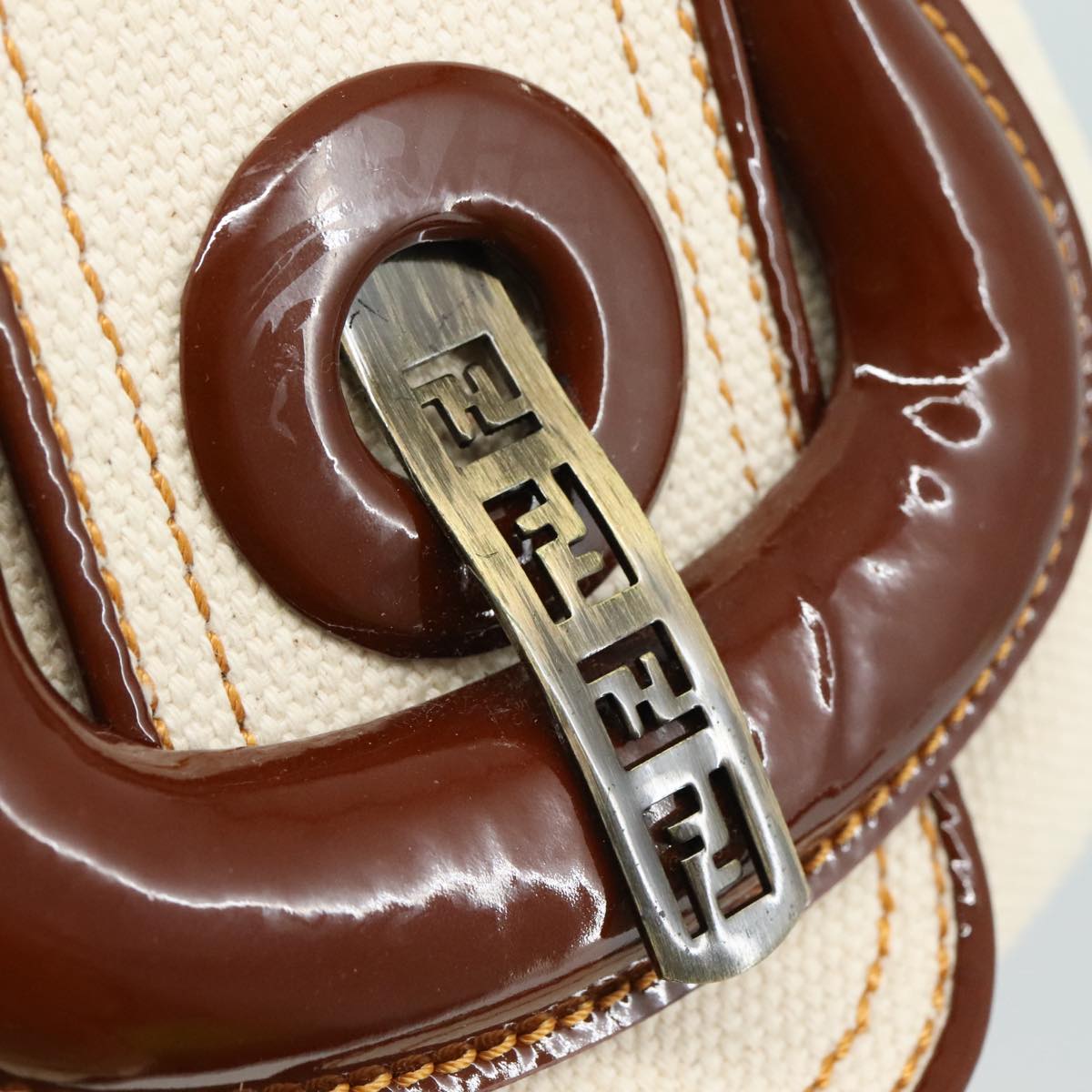 FENDI Hand Bag Canvas Enamel White Brown 108018