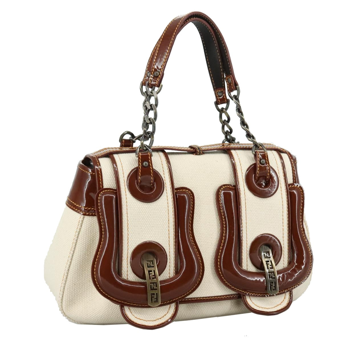 FENDI Hand Bag Canvas Enamel White Brown 108018