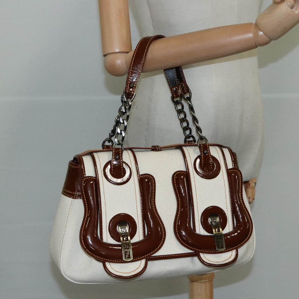 FENDI Hand Bag Canvas Enamel White Brown 108018