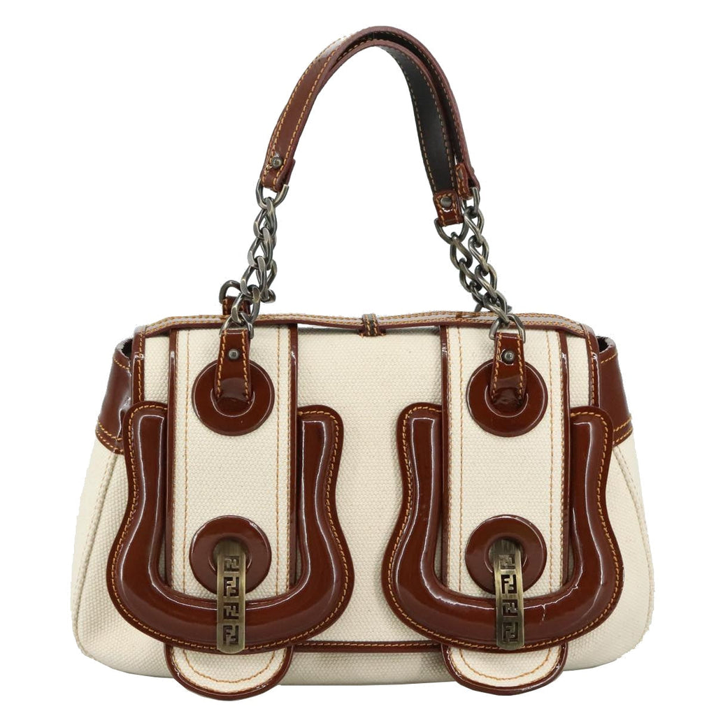 FENDI Hand Bag Canvas Enamel White Brown 108018