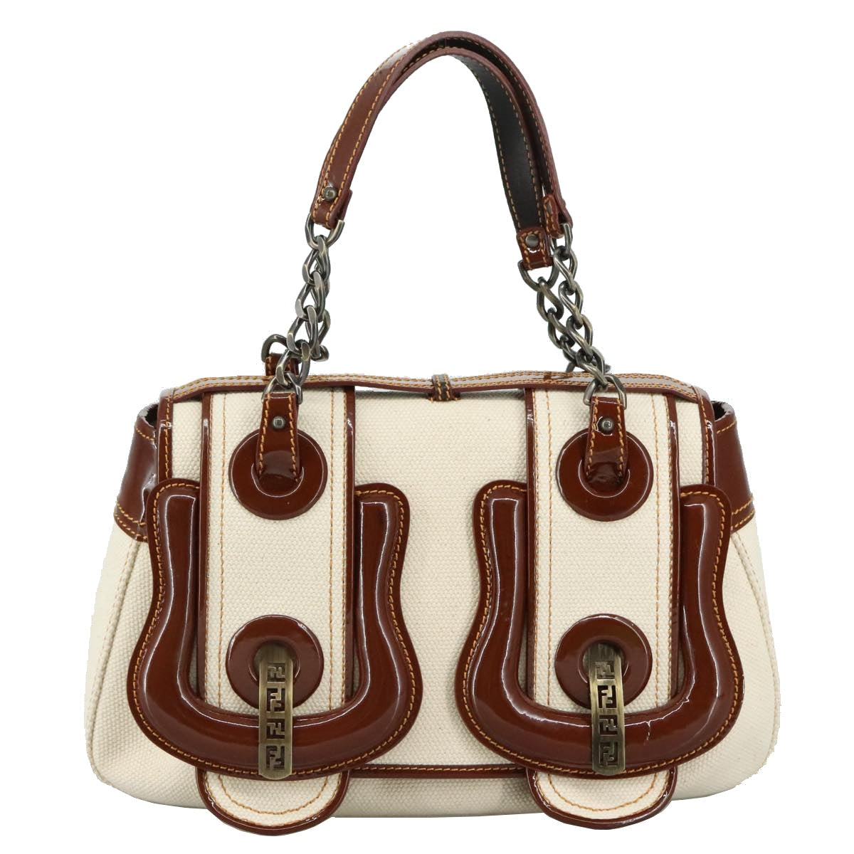 FENDI Hand Bag Canvas Enamel White Brown 108018