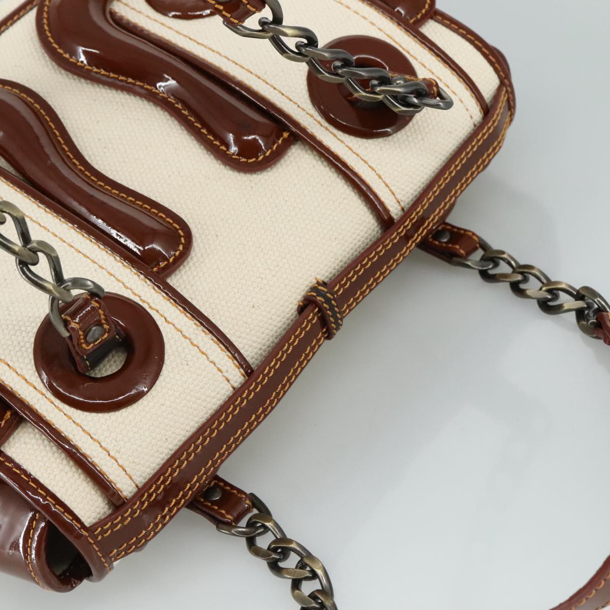 FENDI Hand Bag Canvas Enamel White Brown 108018