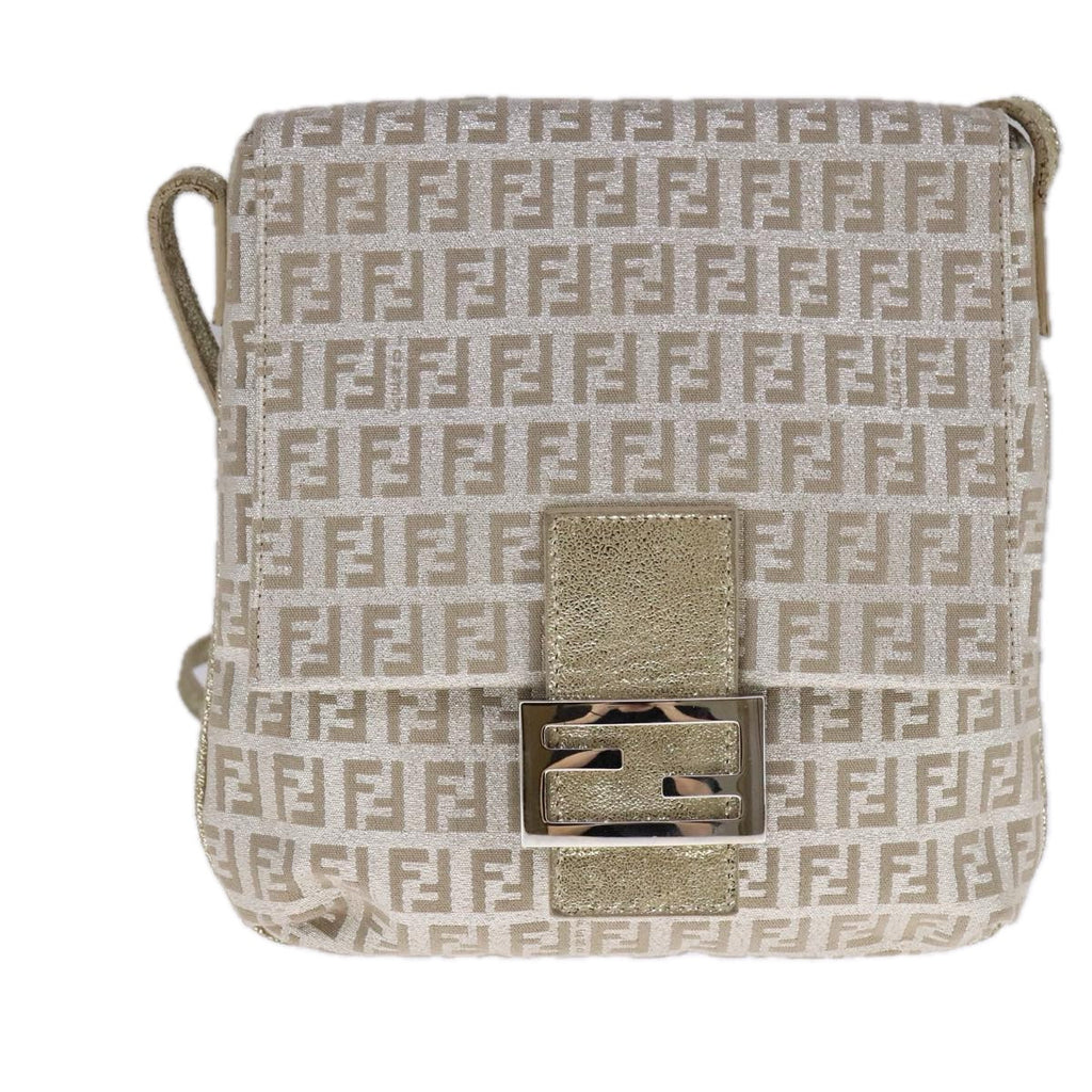 FENDI Zucchino Canvas Shoulder Bag Silver 108127