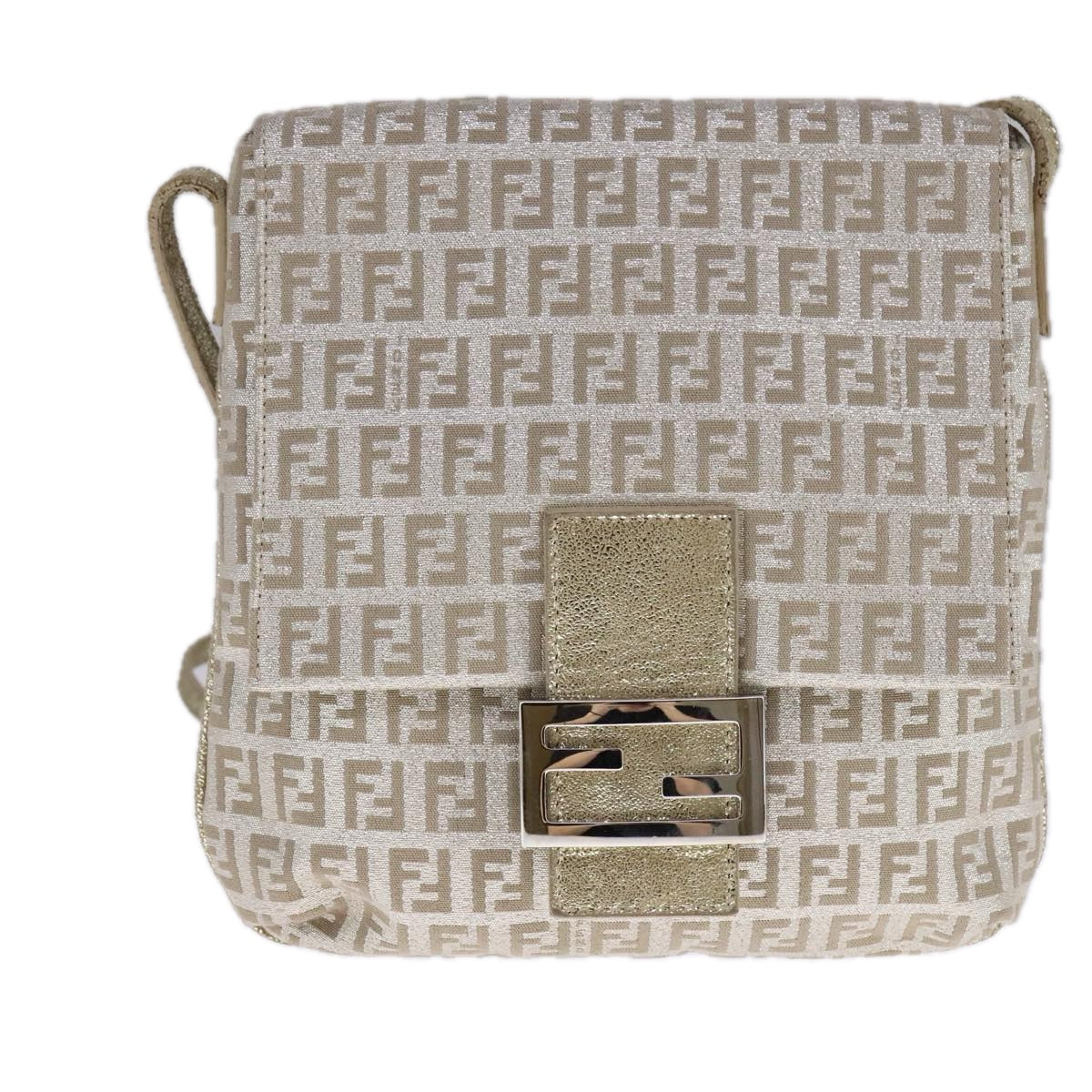 FENDI Zucchino Canvas Shoulder Bag Silver 108127