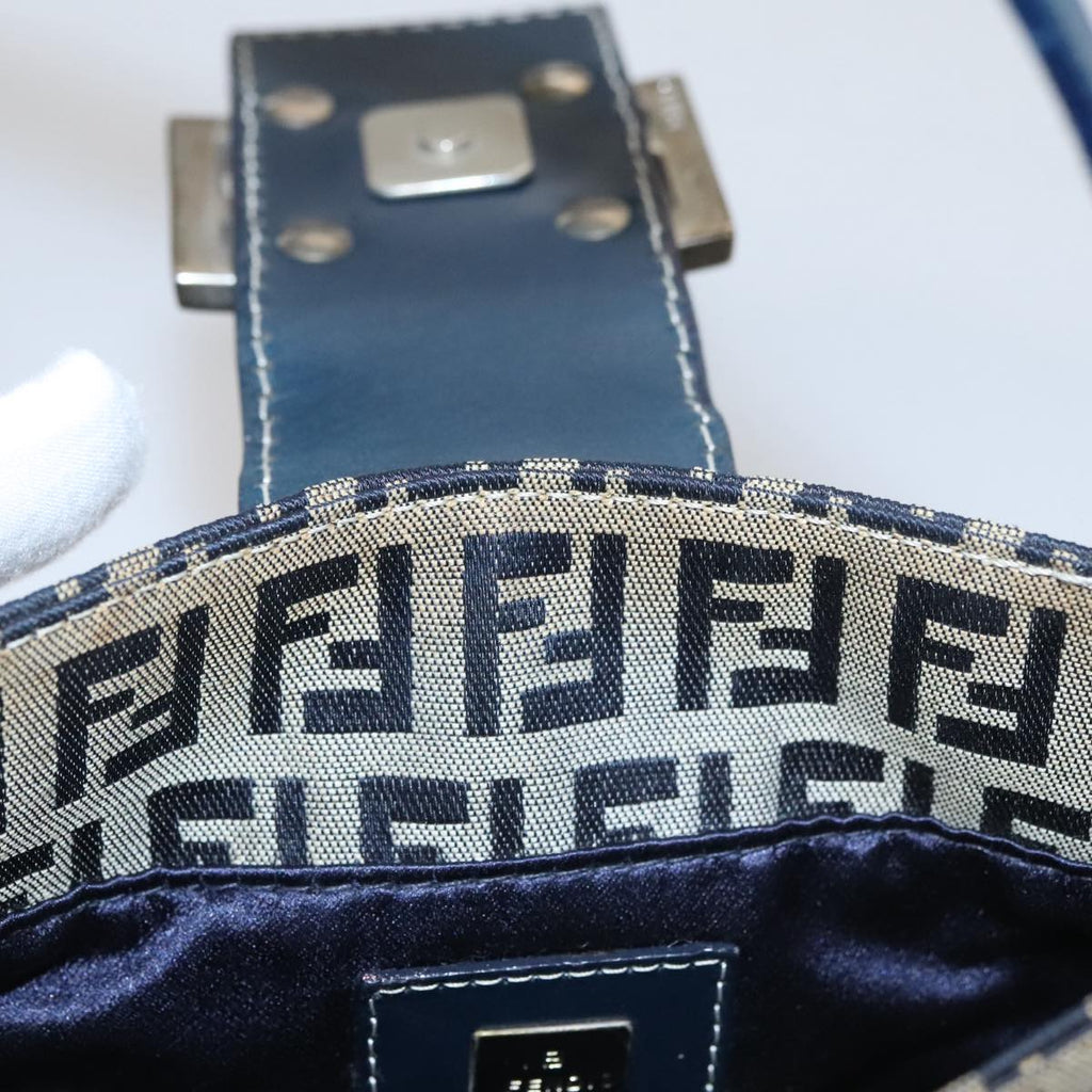 FENDI Zucchino Canvas Hand Bag Navy Silver 108378
