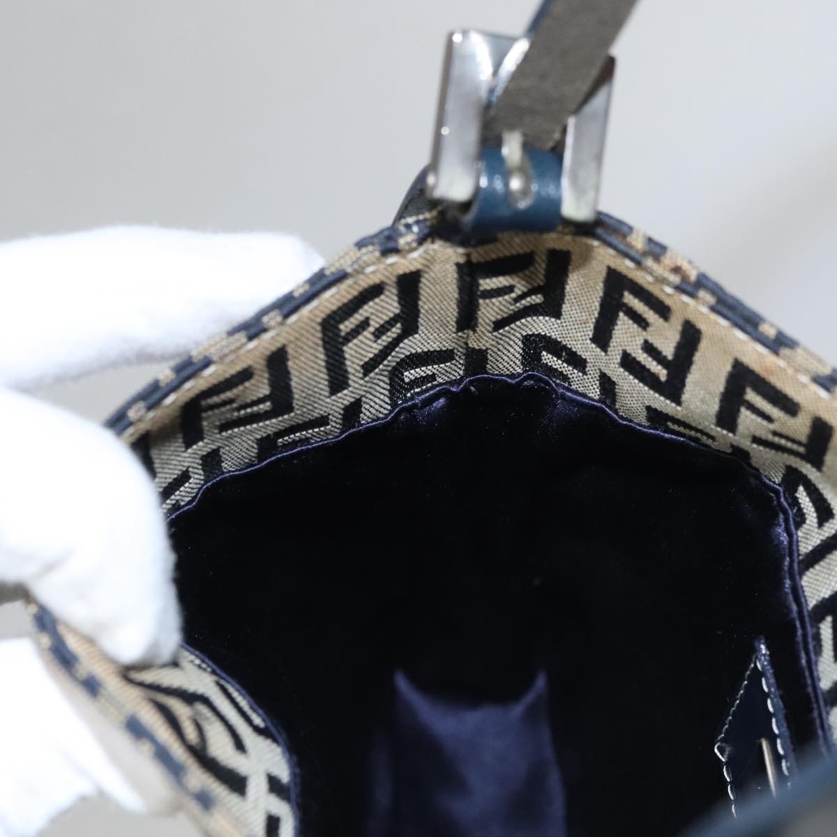 FENDI Zucchino Canvas Hand Bag Navy Silver 108378