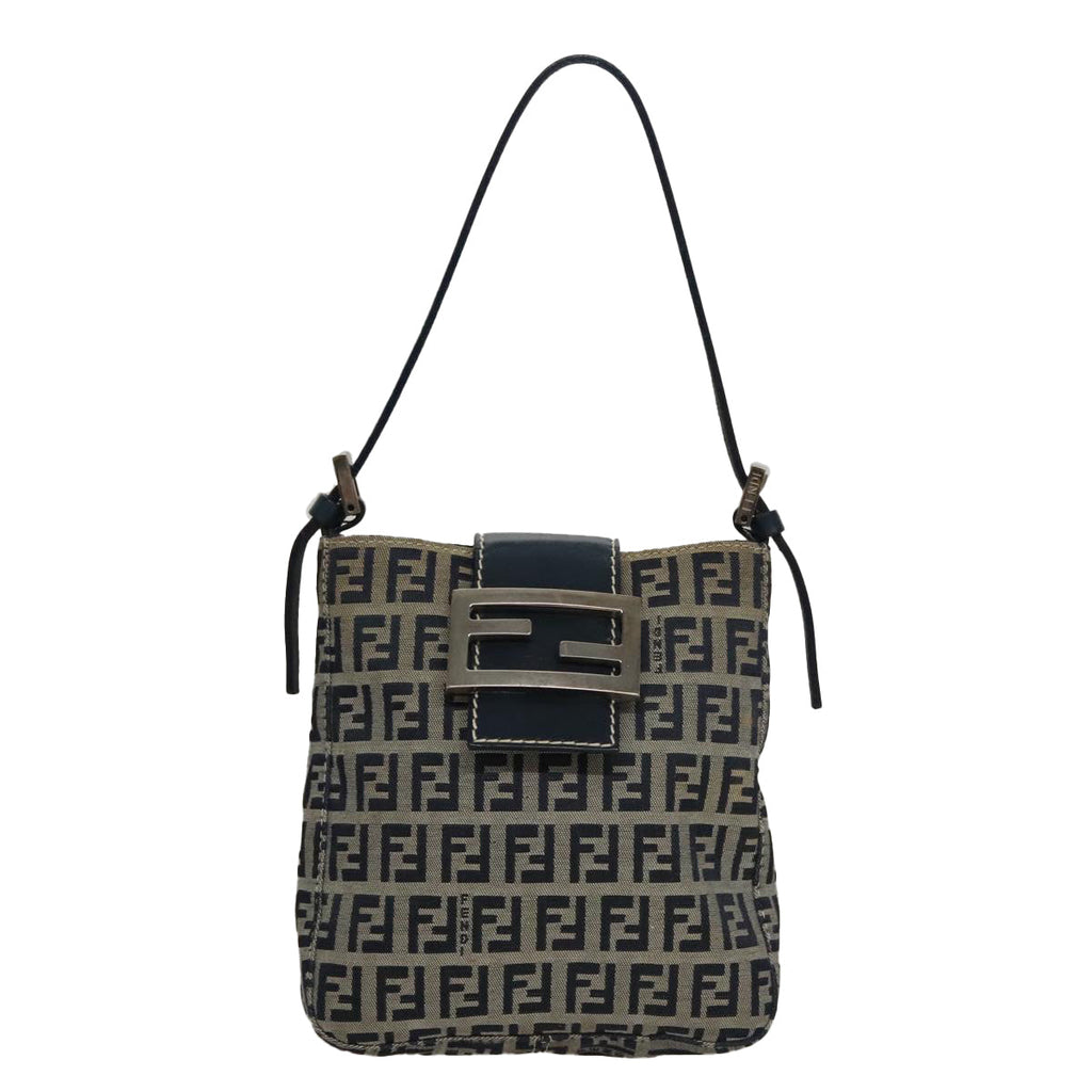 FENDI Zucchino Canvas Hand Bag Navy Silver 108378