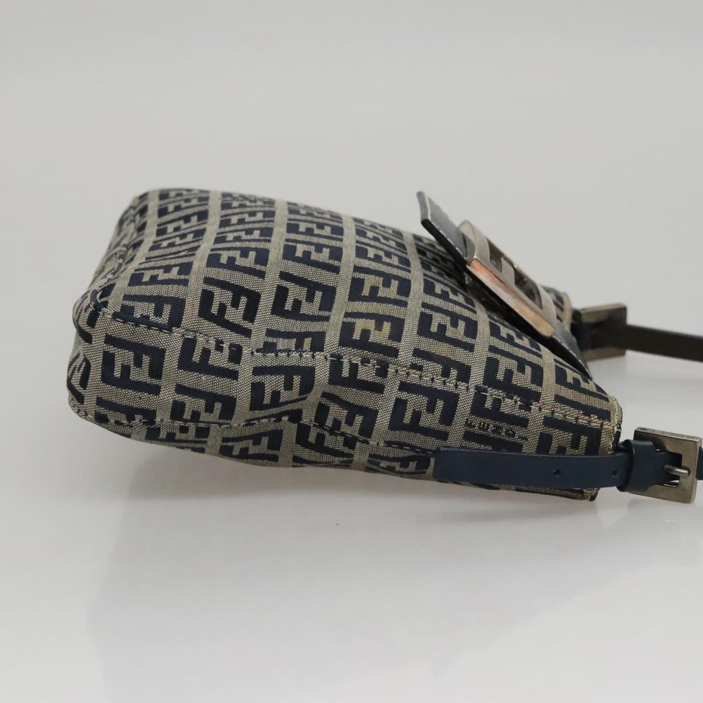 FENDI Zucchino Canvas Hand Bag Navy Silver 108378