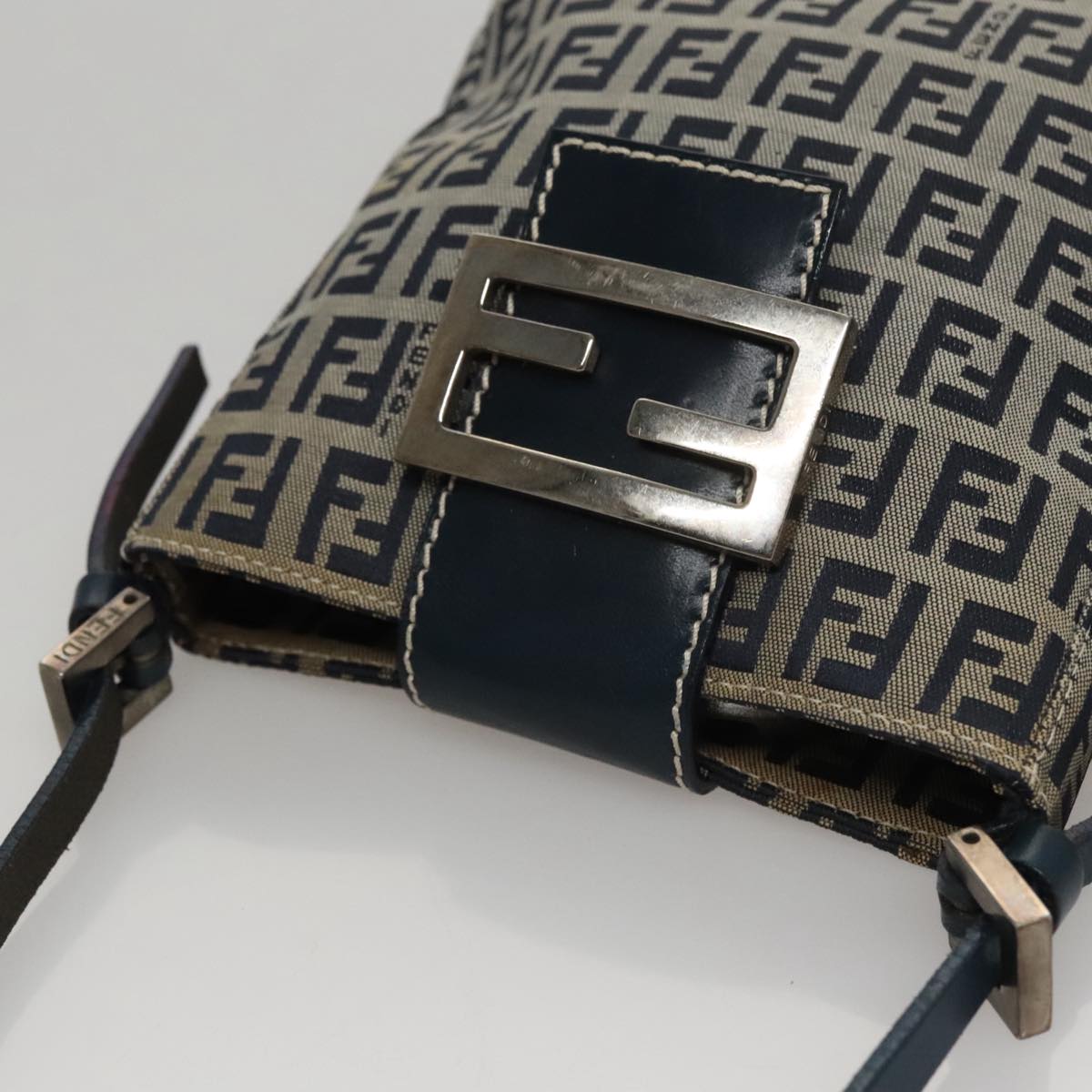 FENDI Zucchino Canvas Hand Bag Navy Silver 108378