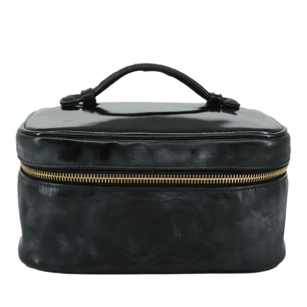 CHANEL COCO Mark vanity Pouch Patent leather Black Gold CC 108580