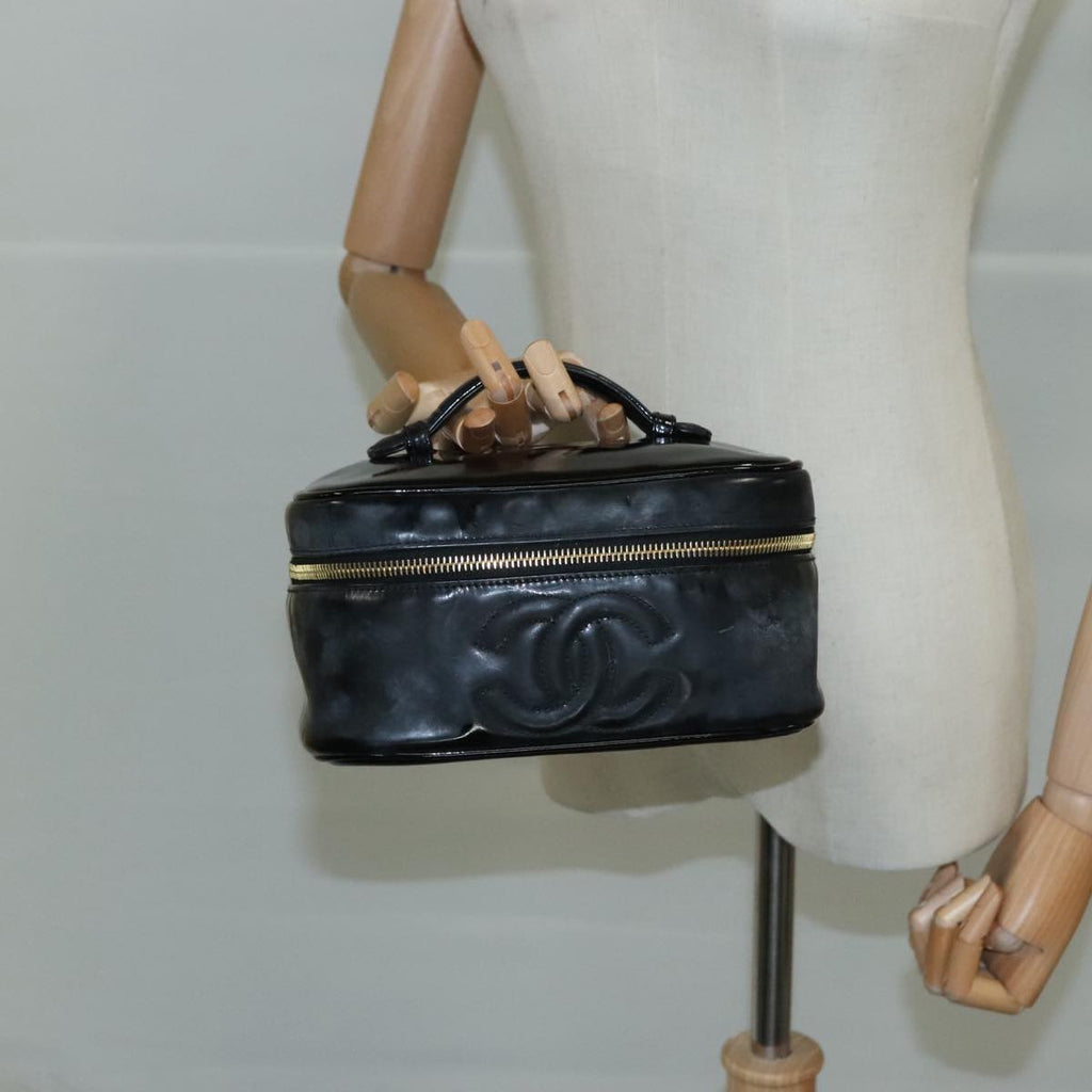 CHANEL COCO Mark vanity Pouch Patent leather Black Gold CC 108580