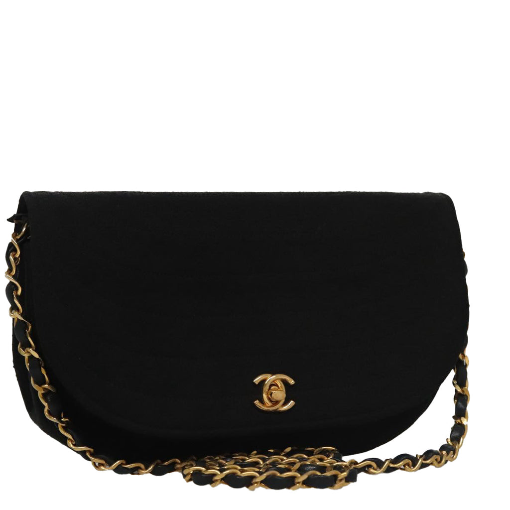 CHANEL Half Moon Chain Shoulder Bag Cotton Black Gold CC 108608