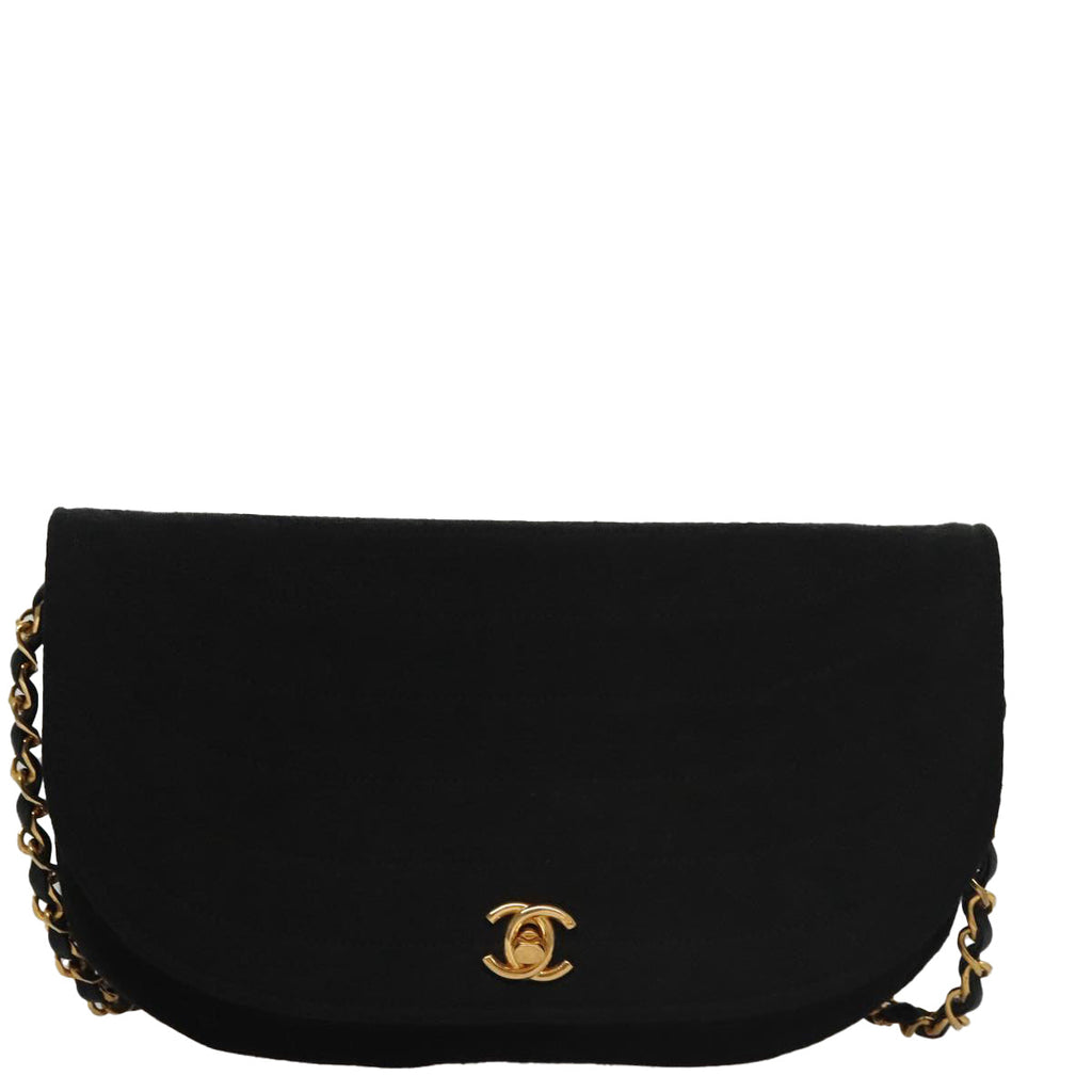 CHANEL Half Moon Chain Shoulder Bag Cotton Black Gold CC 108608