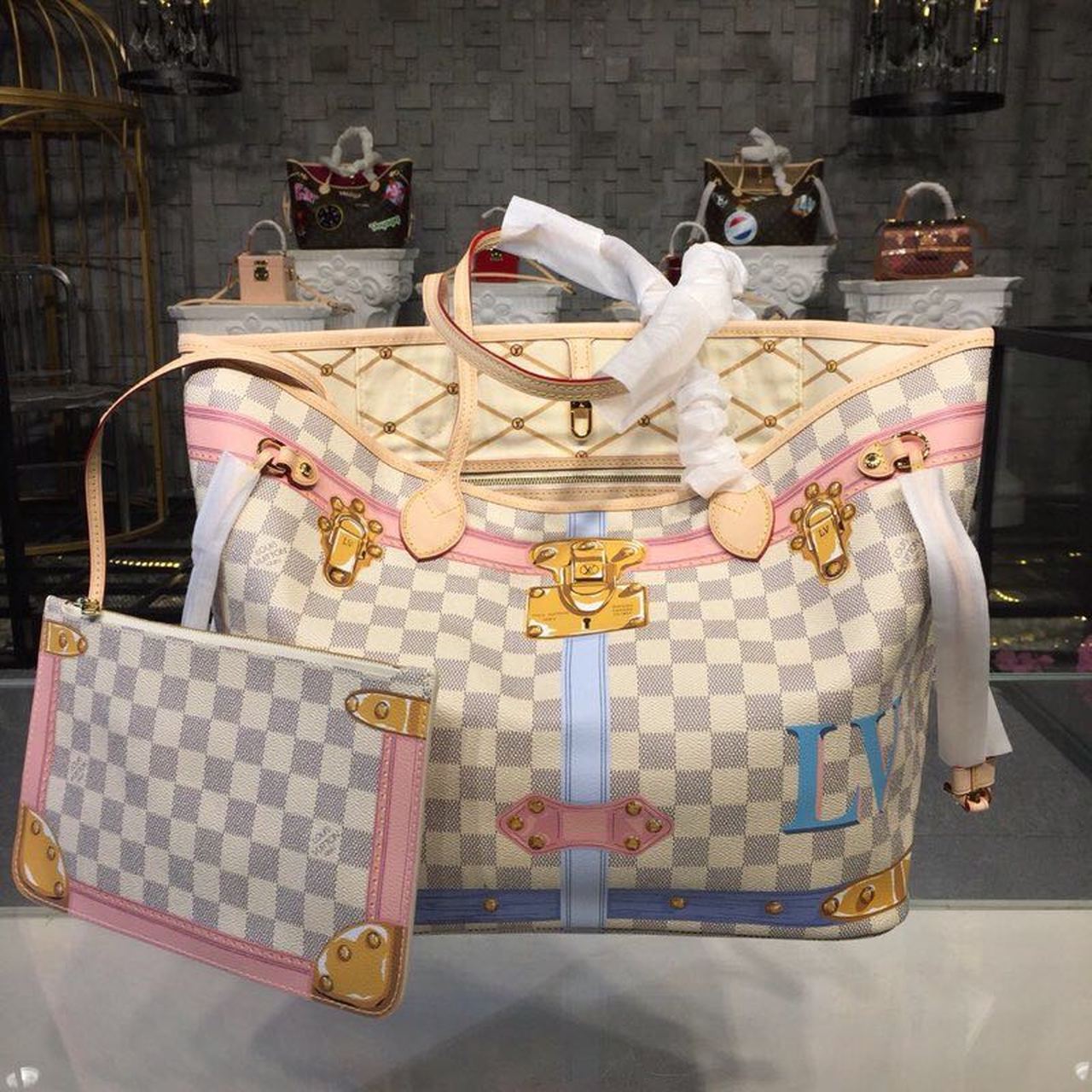 LV Neverfull MM Tote Bag Trompe L’oeil Print Damier Azur Canvas For Women,  Shoulder Bags 12.6in/32cm LV N41065