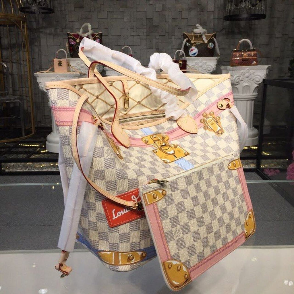LV Neverfull MM Tote Bag Trompe L’oeil Print Damier Azur Canvas For Women,  Shoulder Bags 12.6in/32cm LV N41065