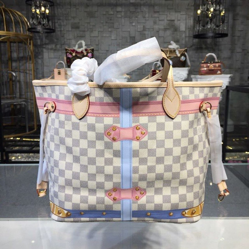 LV Neverfull MM Tote Bag Trompe L’oeil Print Damier Azur Canvas For Women,  Shoulder Bags 12.6in/32cm LV N41065