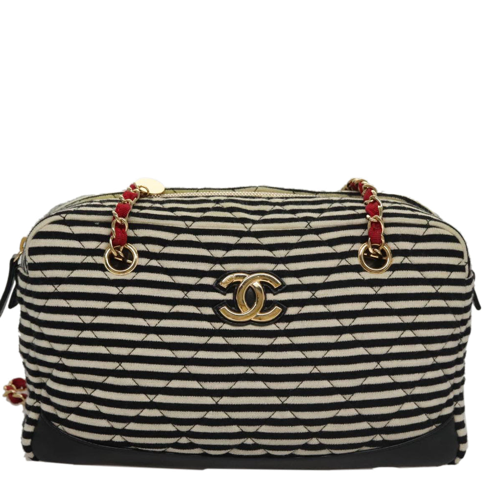 CHANEL Matelasse Chain Shoulder Bag Cotton Black White gold CC 108666