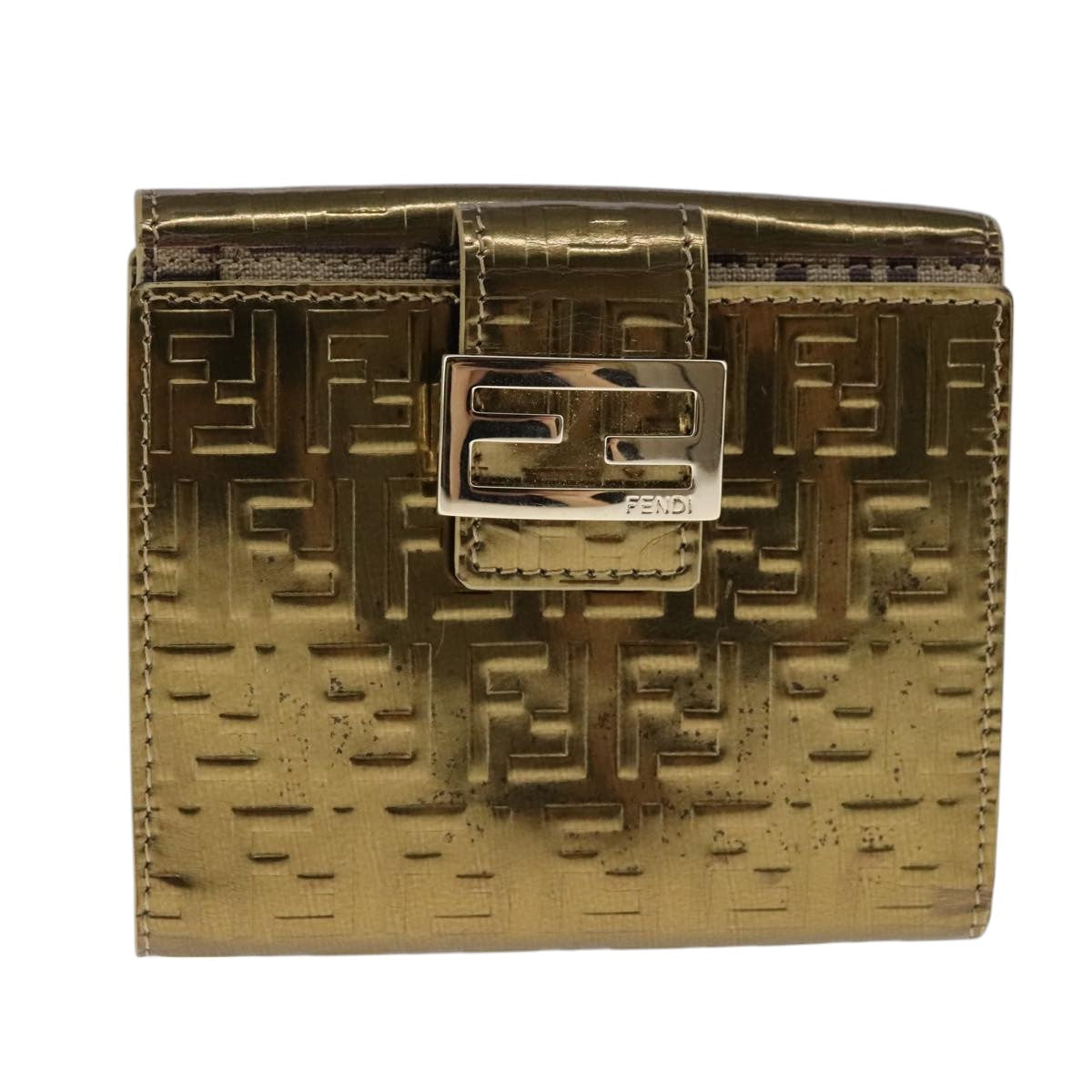 FENDI Zucchino Canvas Wallet Patent leather Gold 108922