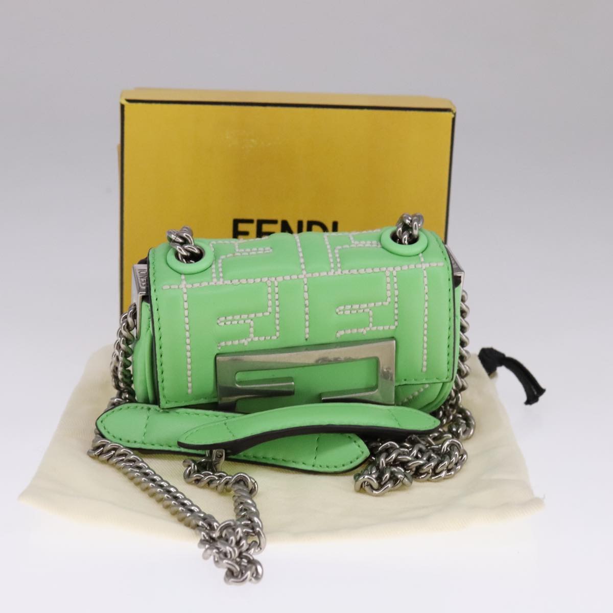 FENDI Zucca Canvas Nano Baguette Shoulder Bag Leather Green 108928A