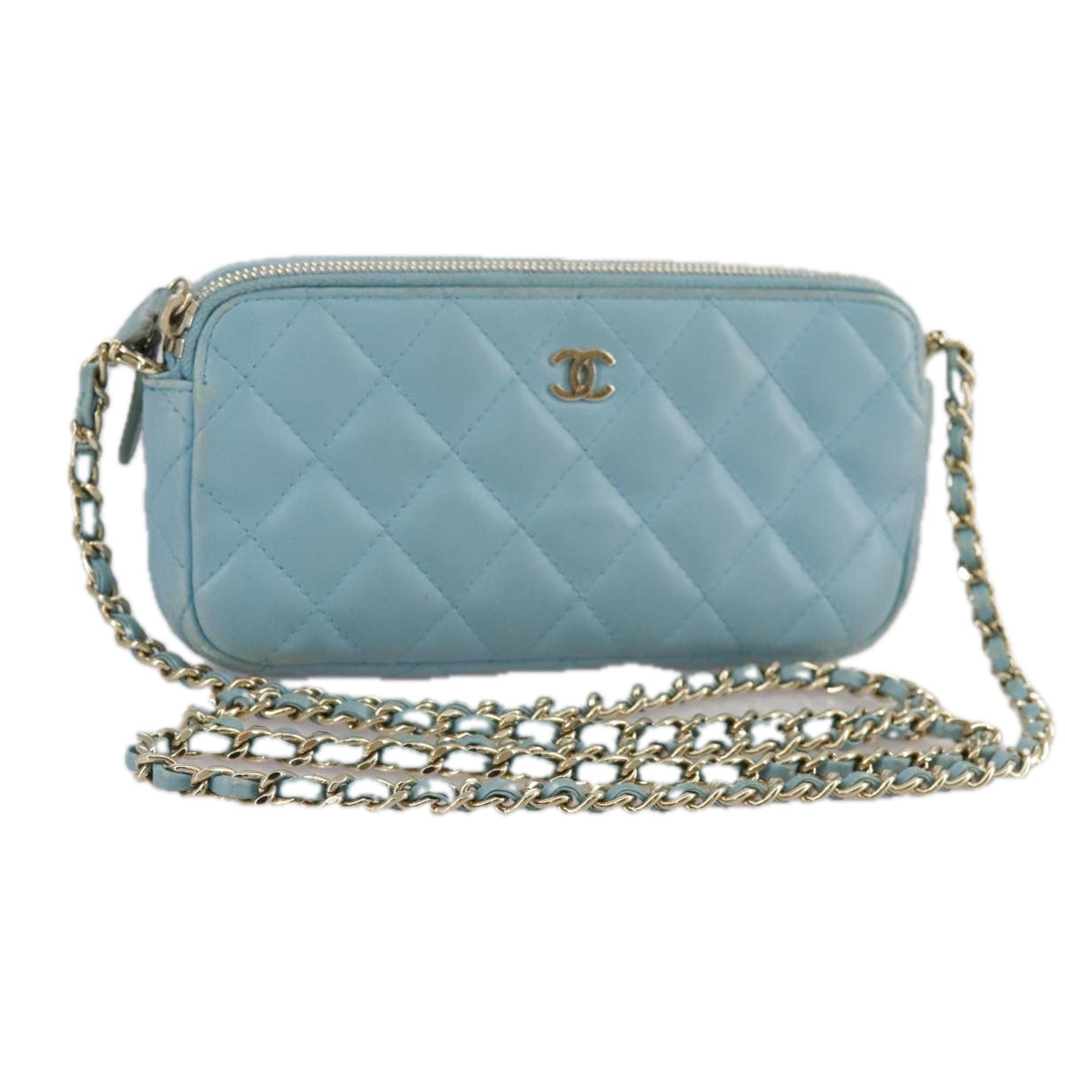 CHANEL Matelasse Chain Shoulder Wallet Lamb Skin Light Blue CC 108979