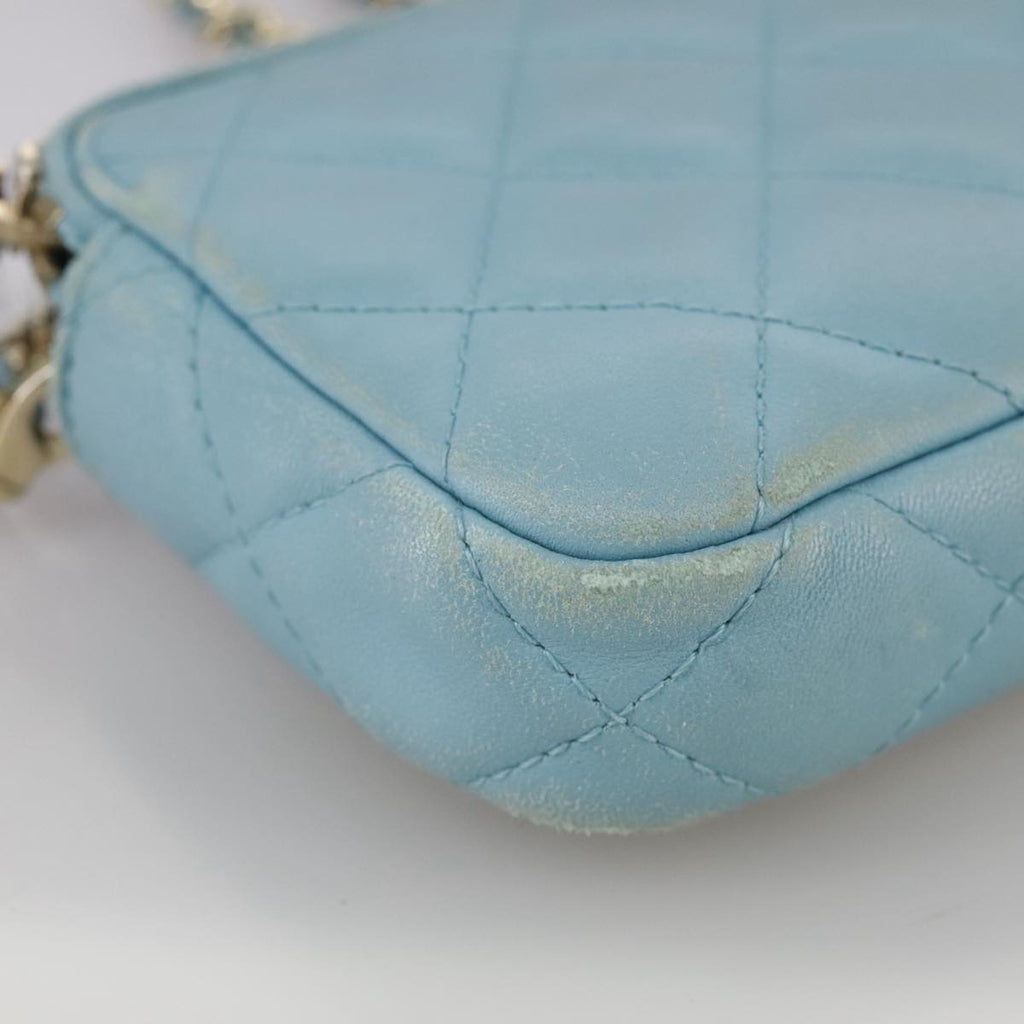 CHANEL Matelasse Chain Shoulder Wallet Lamb Skin Light Blue CC 108979