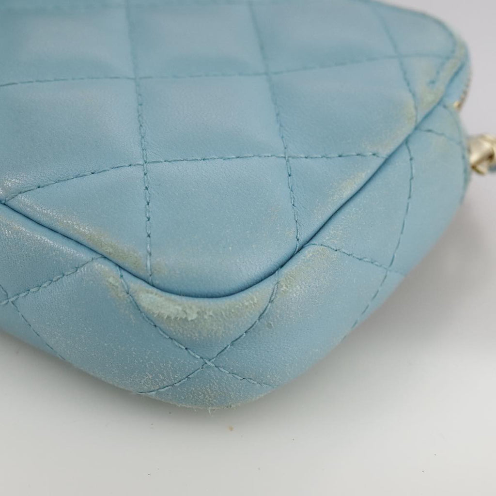 CHANEL Matelasse Chain Shoulder Wallet Lamb Skin Light Blue CC 108979
