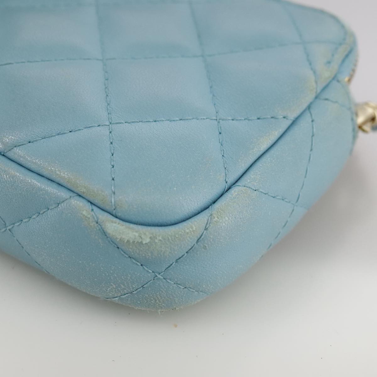CHANEL Matelasse Chain Shoulder Wallet Lamb Skin Light Blue CC 108979