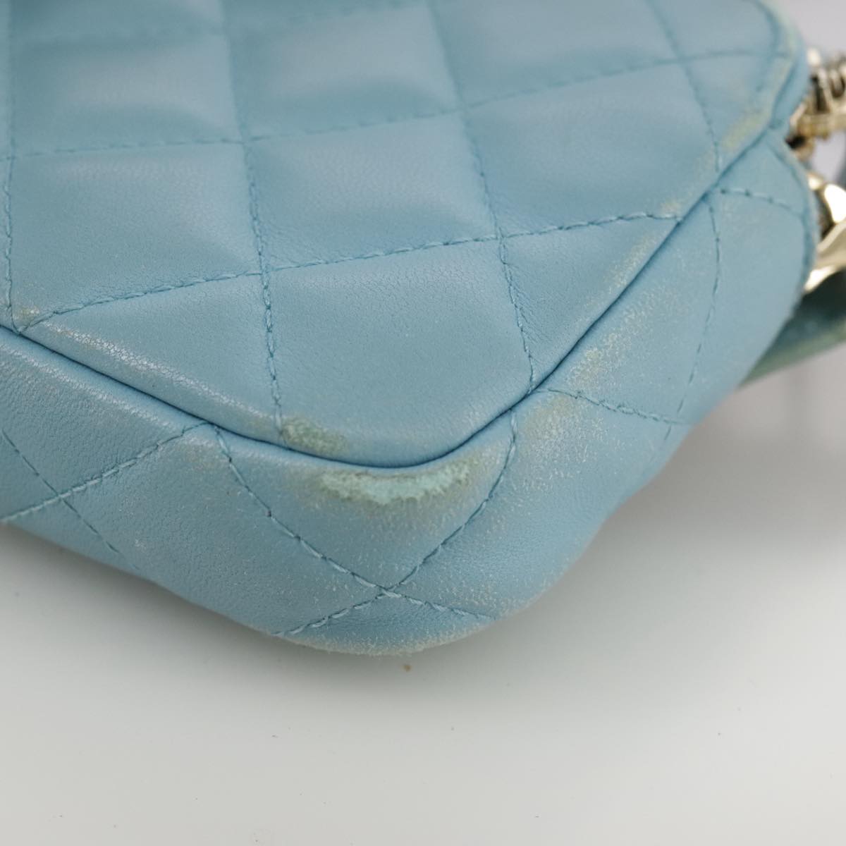CHANEL Matelasse Chain Shoulder Wallet Lamb Skin Light Blue CC 108979
