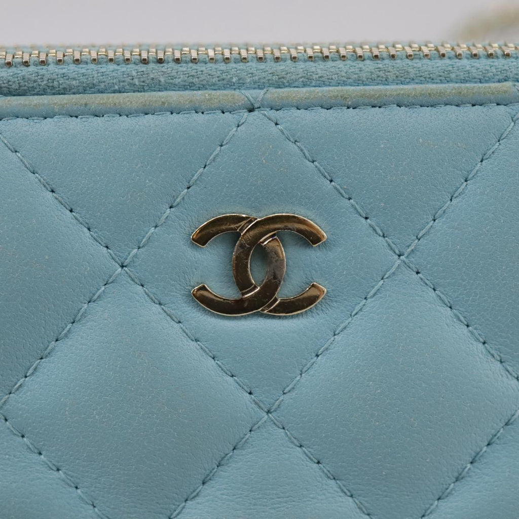 CHANEL Matelasse Chain Shoulder Wallet Lamb Skin Light Blue CC 108979