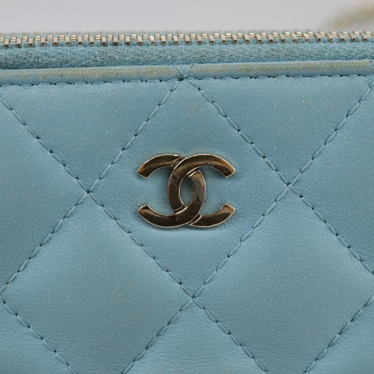 CHANEL Matelasse Chain Shoulder Wallet Lamb Skin Light Blue CC 108979