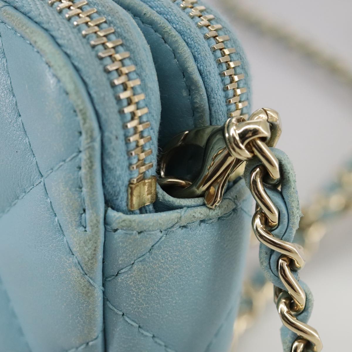 CHANEL Matelasse Chain Shoulder Wallet Lamb Skin Light Blue CC 108979