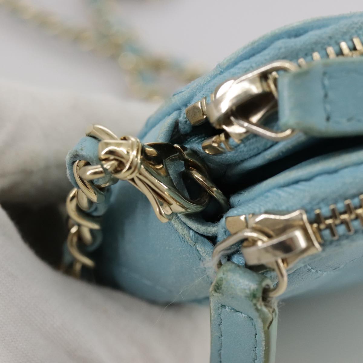 CHANEL Matelasse Chain Shoulder Wallet Lamb Skin Light Blue CC 108979