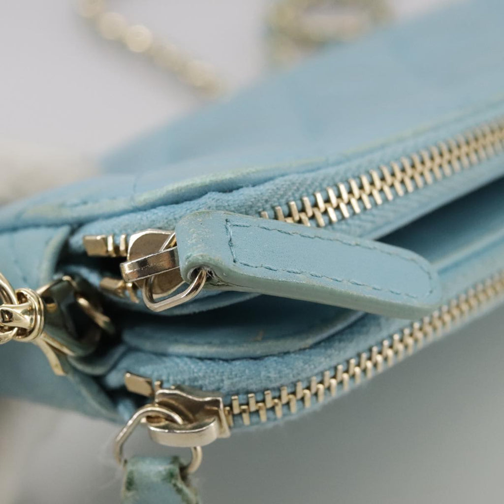CHANEL Matelasse Chain Shoulder Wallet Lamb Skin Light Blue CC 108979