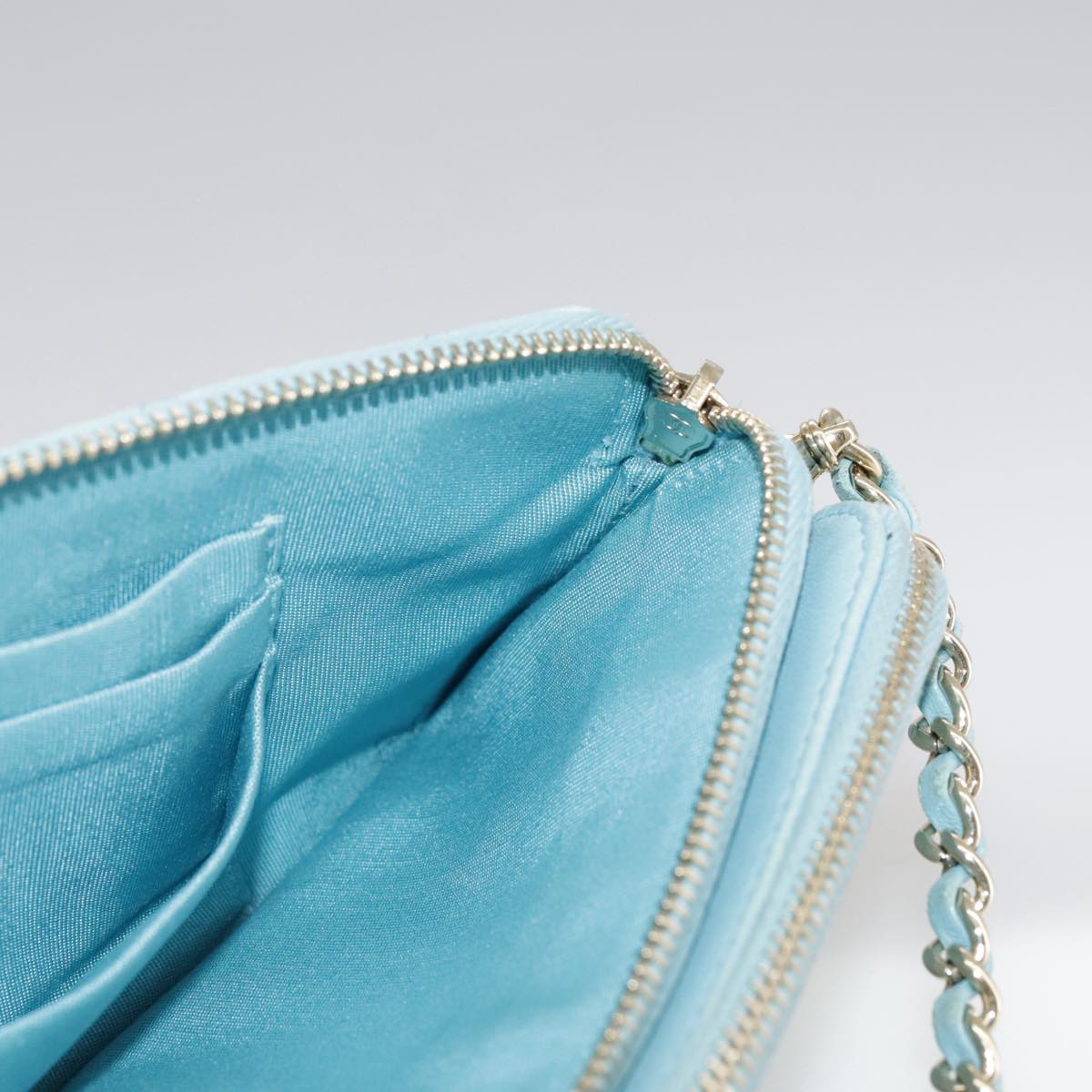 CHANEL Matelasse Chain Shoulder Wallet Lamb Skin Light Blue CC 108979
