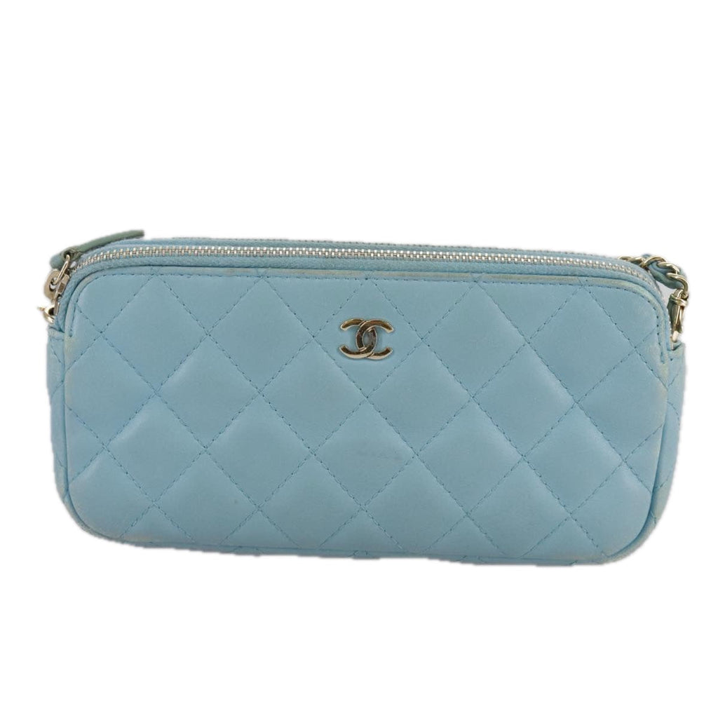 CHANEL Matelasse Chain Shoulder Wallet Lamb Skin Light Blue CC 108979