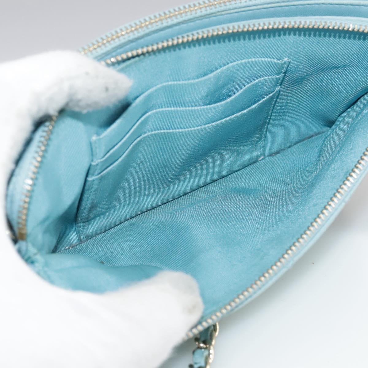 CHANEL Matelasse Chain Shoulder Wallet Lamb Skin Light Blue CC 108979