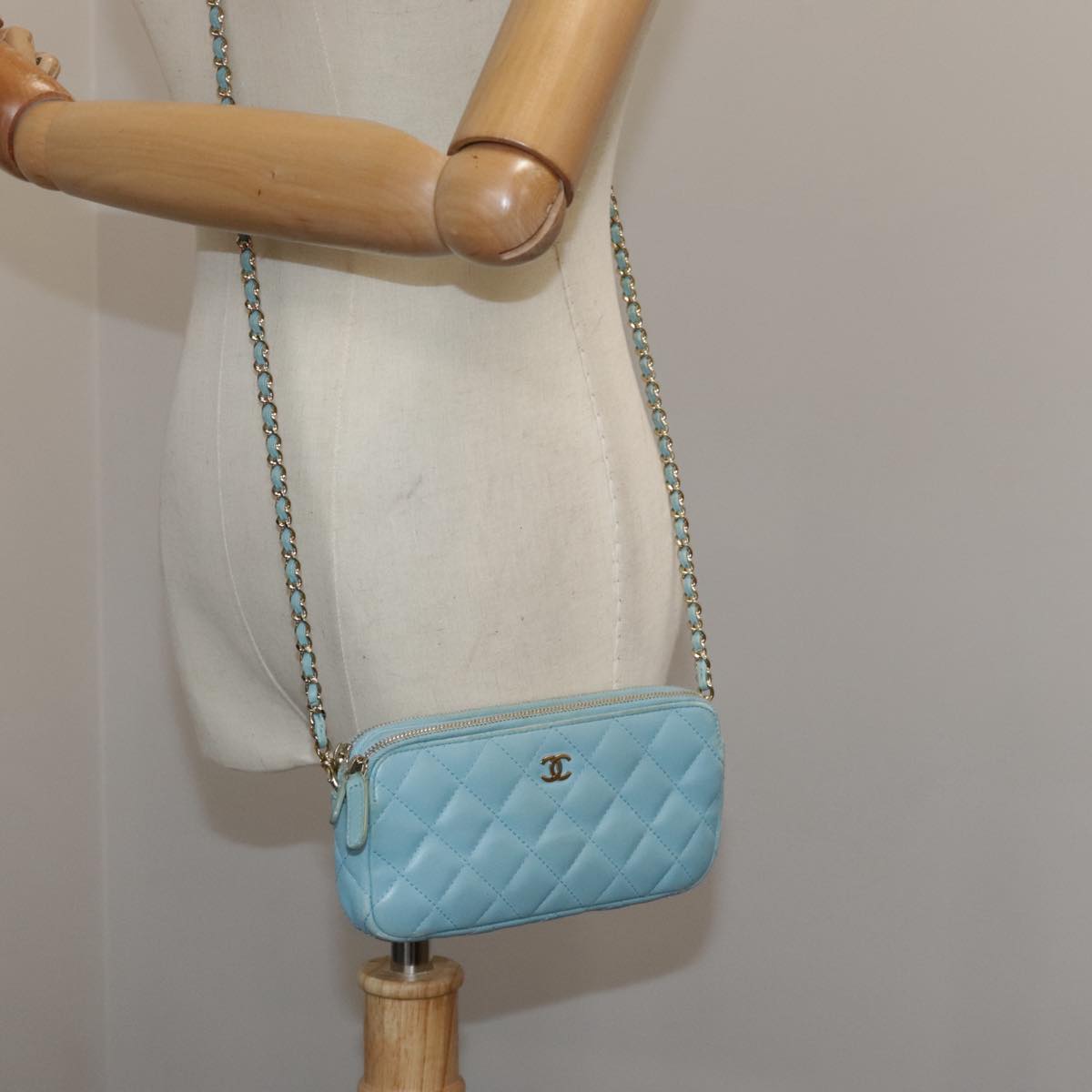 CHANEL Matelasse Chain Shoulder Wallet Lamb Skin Light Blue CC 108979